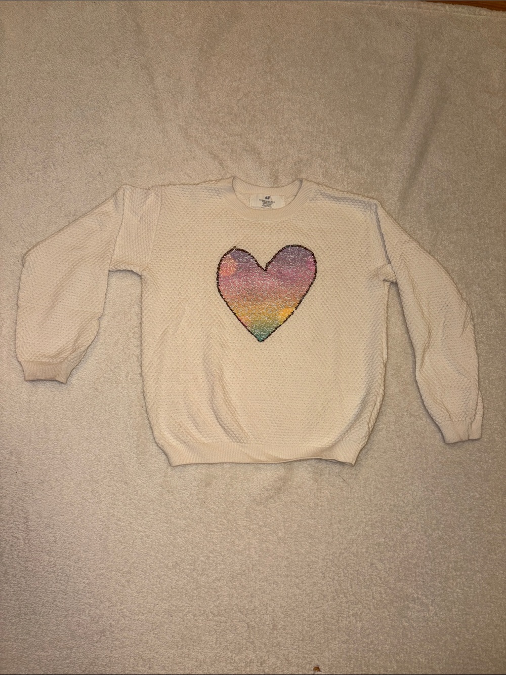 H&M Cream Crewneck Sweater with Rainbow Sequin Heart Patch